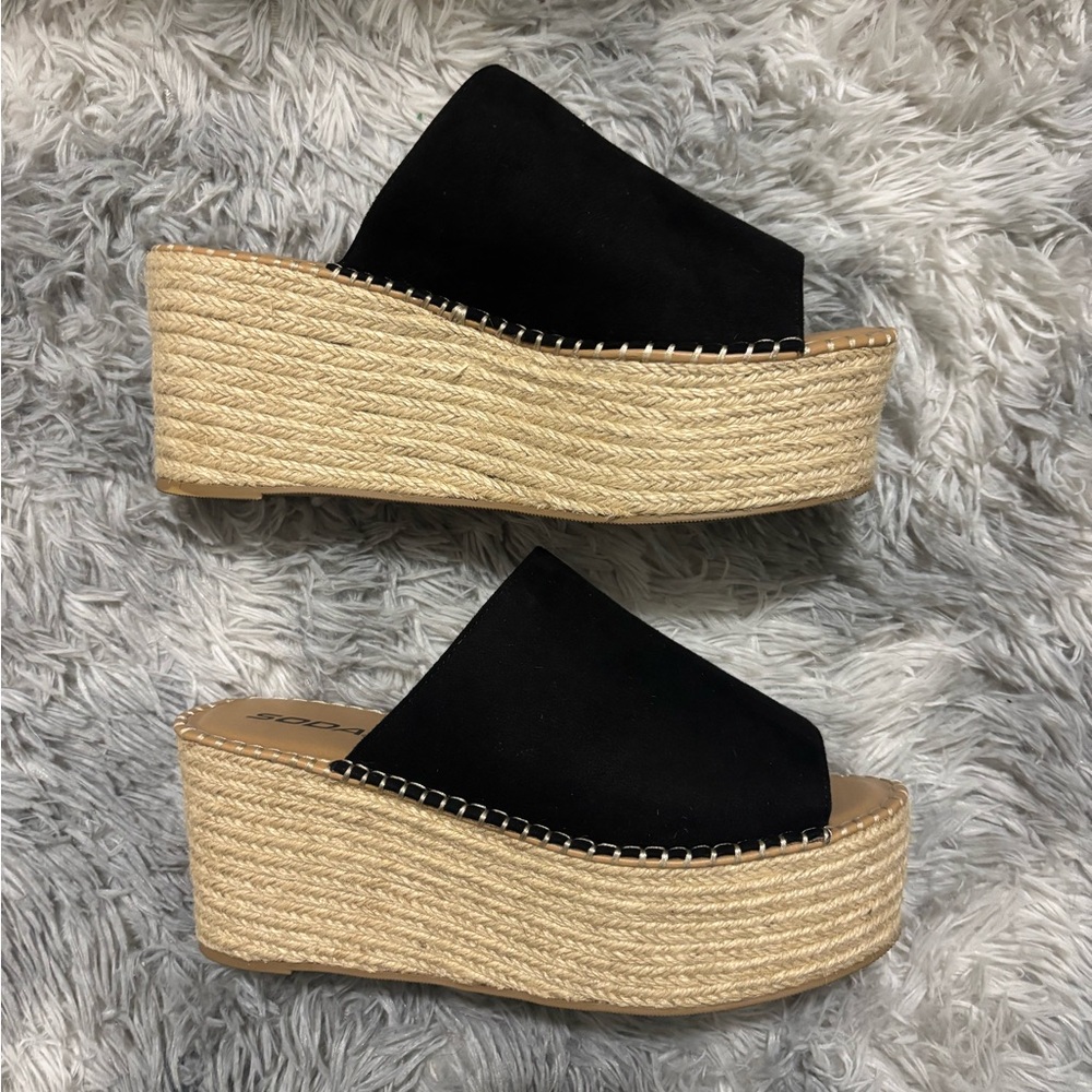 Soda Black Espadrille Platform Slide Wedge
